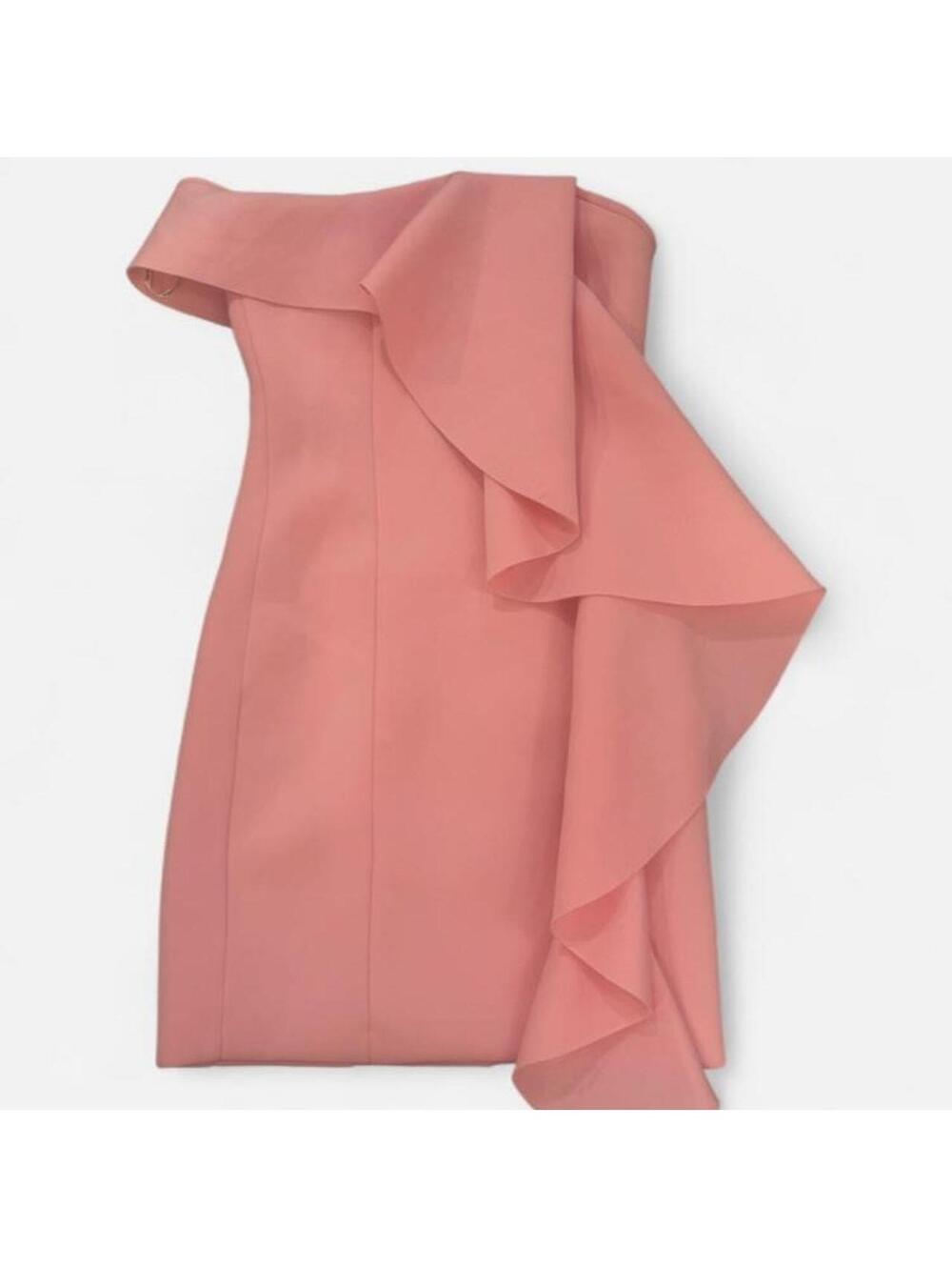Lavish Alice pink one shoulder midi dress with dramatic ruffle detail.